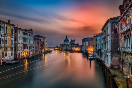 Channel night in Venice - houses, ocean, italy, sea