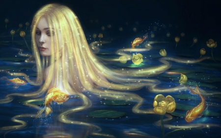 Golden Hair - art, girl, hair, fish, golden, fantasy