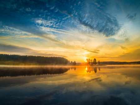 Lake in Reflection - lake, forest, reflection, clouds, trees, sunset, nature