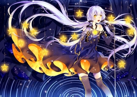 Xingchen - xingchen, anime, vocaloid, yellow, blue, dress, girl, tagme, stars, manga, luminos