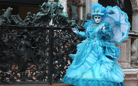 Venice Carnival - woman, venice carnival, gates, mask, hat, black, umbrella, blue, dress