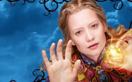 Alice Through the Looking Glass (2016) - blue, girl, blonde, actress, Alice Through the Looking Glass, fantasy, Mia Wasikowska, hand, movie, disney