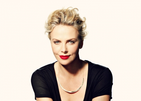 Charlize Theron - woman, actress, girl, jewel, charlize theron, black, white, red, smile, blonde