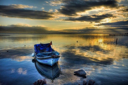 Boat at Sunset - clouds, sunset, nature, boat, lake, reflection, sky