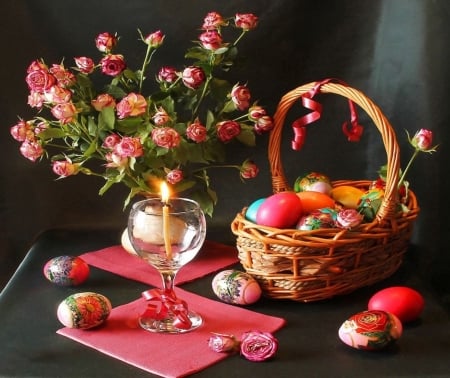 Happy Easter ! - roses, photography, colorful, happy easter, basket, still life, eggs, dark, holiday, napkins, candle, tabke, glass, background, light, abstract, pink, flowers