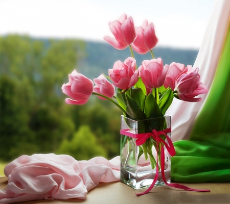 Good Morning - fresh, tulips, morning, pink, good