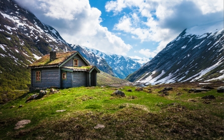 Valley House - clouds, house, nature, snow, mountains, valley