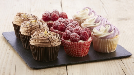 Chocolate, Raspberries & Lavendar - cream, display, lavendar, brown, chocolate, sweets, raspberries, paper cups, yum, berries, purple, frosting, red, dish, icing