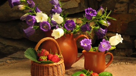 Still Life - strawberries, pot, flowers, bells