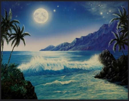 MAGIC MOMENT - MOON, MOUNTAINS, SKY, WAVES, OCEAN, NIGHT, STARS