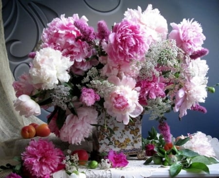 Flowers - vase, beautiful, spring, colors, petals, pink, still life, blooming, peonies, flowers, white, nature