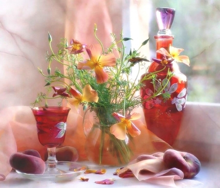 Still life - abstract, yellow, windows, photography, colors, petals, pink, still life, orange, flowers, containers, red, soft, fruits, glass, bottles