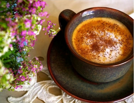 Good morning - abstract, coffee, brown, photography, morning, pink, tasty, dark, drink, flowers, black, cup