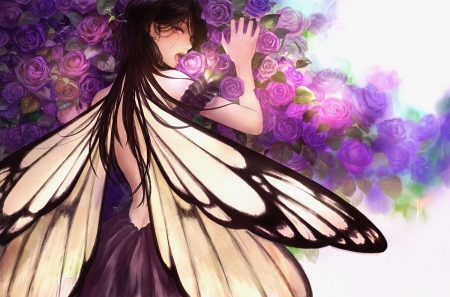 Fairy - romiy, girl, wings, rose, fantasy, butterfly, purple, hand, anime, fairy, manga, flower