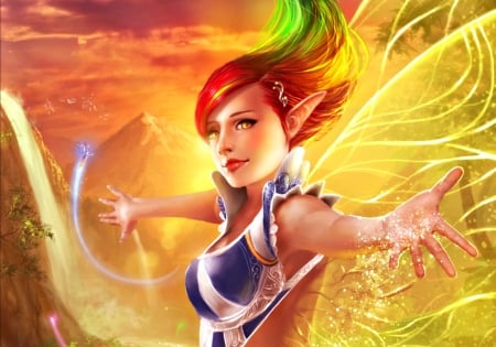 Fairy dust - fairy dust, game, yellow, girl, fantasy, redhead, hand, tjota, woman, wings, art