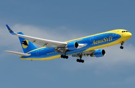 Yellow And Blue - sky, plane, yellow, blue