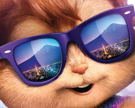 Alvin and the Chipmunks: The Road Chip (2015) - movie, the road chip, sunglasses, animation, alvin and the chipmunks, fantasy, purple, blue, city, cute