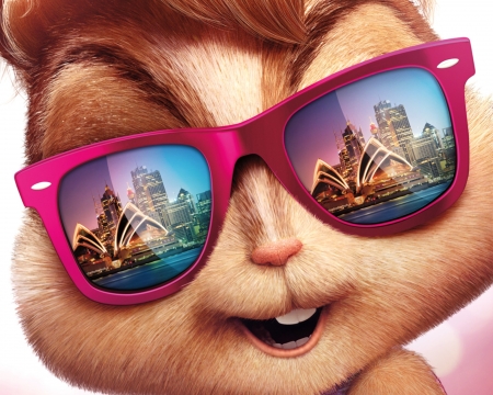 Alvin and the Chipmunks: The Road Chip (2015) - movie, the road chip, sunglasses, animation, alvin and the chipmunks, fantasy, poster, pink, city, australia