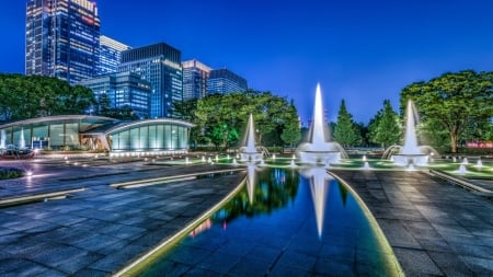 Wadakura Fountain Park - japan, tokyo, park, city, night, japanese