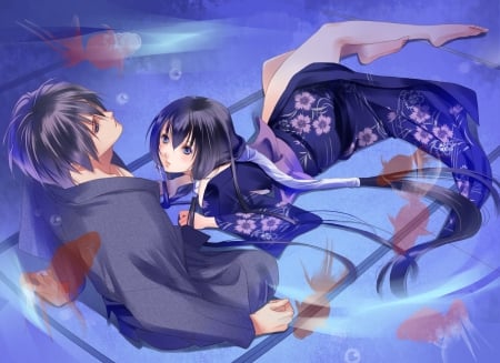 Kazuki & Juubei - Anime Girl, Anime, Anime Couple, Robe, Fish, Kazuki, Long Hair, Anime Guy, Kimono, Black Hair, Juubei, Lovers, Fuuchouin, Kazuki Fuuchouin, Blue Eyes, Kakei, Transgender, Juubei Kakei, Getbackers, Couple, Big Eyes