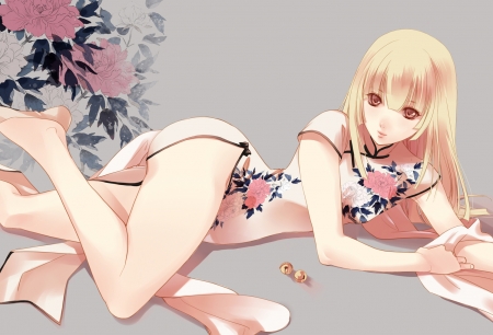 Kazuki Fuuchouin - Blonde, Flowers, Anime Girl, Fuuchouin, Anime, Kazuki Fuuchouin, Kazuki, Transgender, Chinese Dress, Getbackers, Cat Bells, Big Eyes