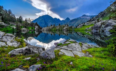 Mountain and lake - calm, beautiful, tranquil, landscape, grass, reflection, mountain, wildflowers, serenity, lake, sky, rocks