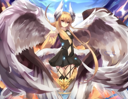 Angel - pretty, anime, female, blue, dress, angel, long hair, sky, anime girl, beautiful, girl, blonde hair, beauty, lovely, sweet, black, lady, woman, wings, cute