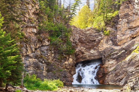 Rocks with Waterfall - river, trees, mountains, autumn