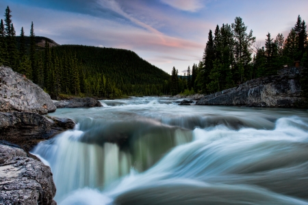 Elbow Falls, Kananaskis, Alberta - clouds, river, canada, landscape, tree