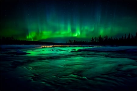 Aurora Borealis, Elbow River, Alberta - water, canada, lights, landscape, night