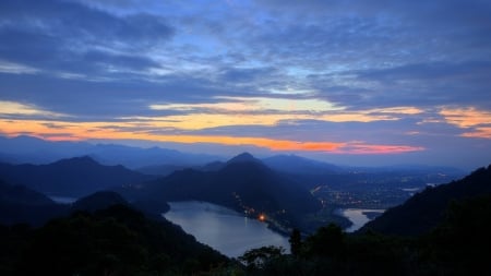 mountain panorama at sunset - lake, mountains, lights, panorama, dark, sunset