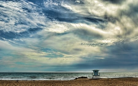 super day on the beach hdr - clouds, beach, hdr, waves, sea, hut, sand