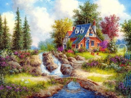 Alpine falls - cottage, alpine, peaceful, countryside, spring, creek, painting, village, art, fall, pretty, beautiful, house, flowers