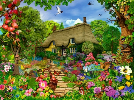 Summer in countryside - pretty, house, summer, butterflies, beautiful, spring, lovely, village, flowers, colorful, countryside, apples, fruits, cottage