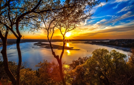 Sunset river - rays, sky, trees, sunlight, water, sunset, glow, view, reflection, beautiful, river