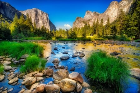 Yosemite park - national park, hills, beautiful, landscape, grass, valley, reflection, mountain, stones, Yosemite, cliffs, lake, sky, rocks