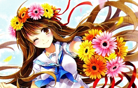 Hagiwara Rin - sailor, hagiwara rin, sun flower, brunette anime, pretty girl, cute anime girl, pink flower, flowers, beautiful girl, beautiful flower