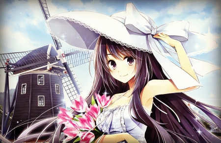 Hagiwara Rin - Cute, Hagiwara Rin, Cute Anime, White Dress Girl, Cute Wallpaper, Hat Girl, Summer, Pink Flower, Dark Hair Girl, Cute Girl