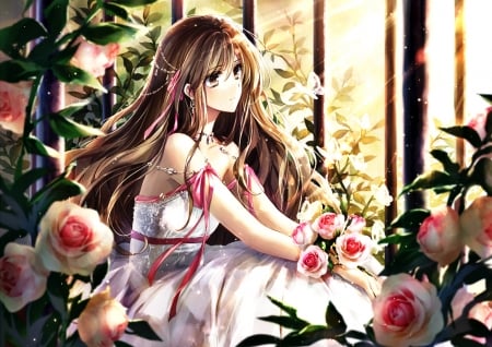 Wondering - beautiful anime, roses, long hair anime, pink rose, rose, cute girl, pretty girl, brunette, beautiful girl, garden