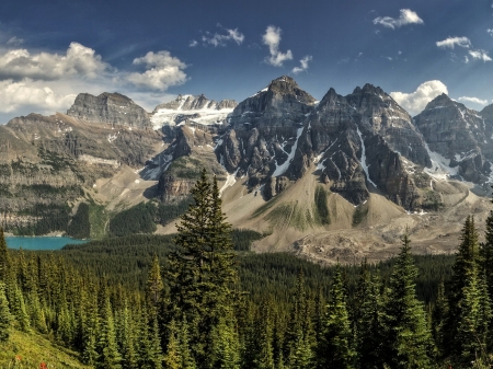 Valley of the Ten Peaks - nature, moraine lake, trees, forest, clouds, mountains