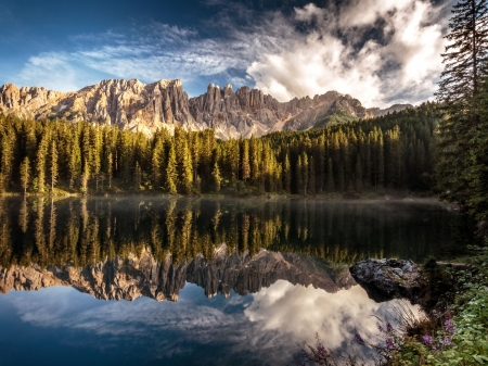 Lake Mountains - lake, forest, mountains, lights, reflection, clouds, trees, nature