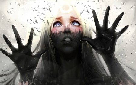 Dirt - moon, bird, girl, blonde, black, fantasy, white, hand, woman, ayyasap, dirt, face, art, luminos, luna, blue eyes