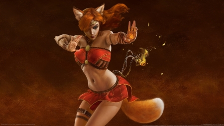 Kitsune - woman, beauty, girl, magical, fantasy, fox, red, creature, luminos, orange, kitsune