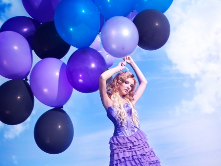 Happy Day! - purple, blue, woman, balloon, model, girl, pink, birthday