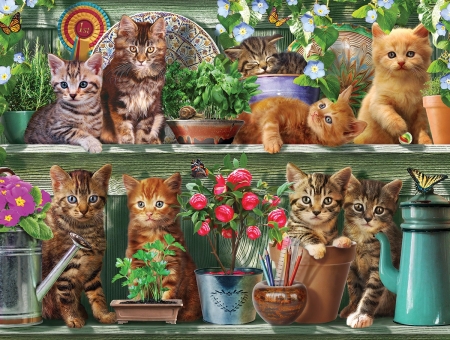 Spring Kittens - puzzle, kittens, shelves, plates, spring, wood, snail, ribbon, butterflies, pencils, cat, pots, ball, ruler, plants, kitten, watering can, coffee pot, cats, animal, flowers