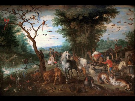 Animals entering Noah's Ark - art, people, trees, pairs of animals, religion, old masters, birds