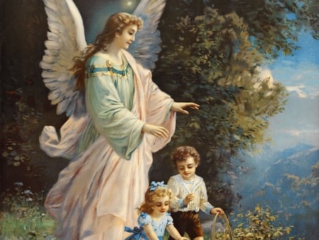 Guardian Angel - art, trees, children, angel, guardian, flowers