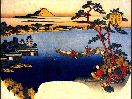 View of Lake Suwa - trees, people, mountains, houses, japanese