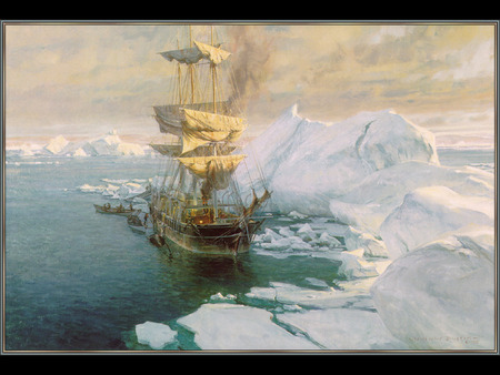 Cutting in the Arctic - row boats, ocean, sailing ship, icebergs