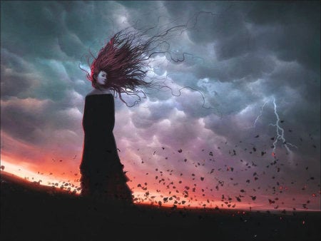 Serenity - woman, sky, sadness, girl, darkness, black, wind, clouds, red, leaves